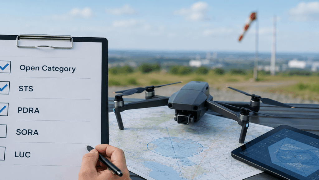 Guide d'aide à la décision pour le choix entre les modes STS, PDRA, SORA ou LUC pour l'exploitation de drones en Europe.