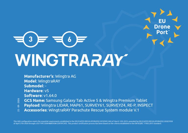 Certificación WingtraRAY C3 C6 de EU Drone Port