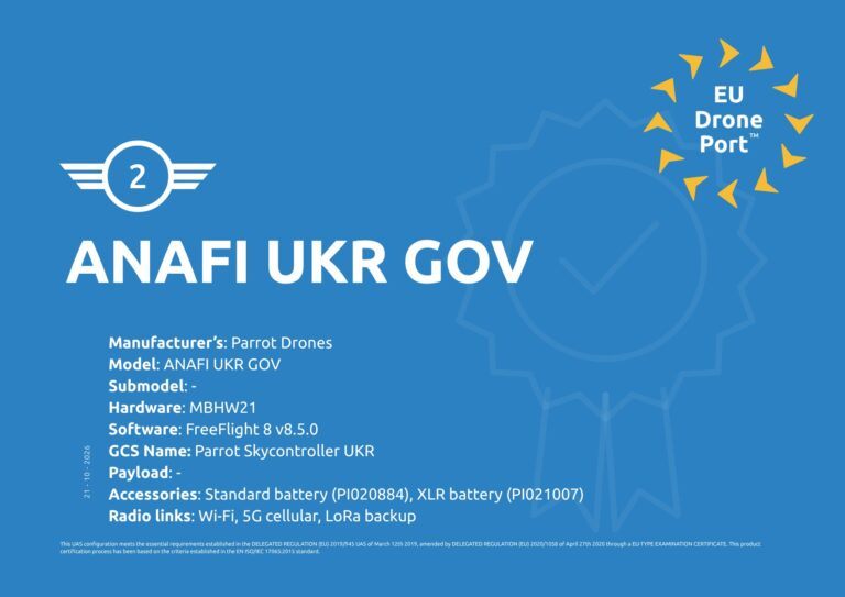 Parrot ANAFI UKR GOV C2 class label certified by EU Drone Port